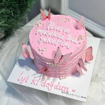 Pembe Kelebekli Yazılı Pasta
